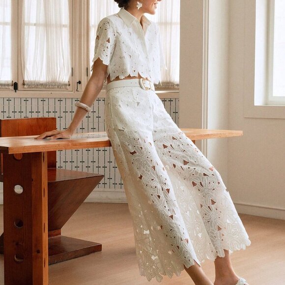 White Preppy Women's Woven Embroidered Short Sleeve Crop Top Pants Set - Picture 5 of 8